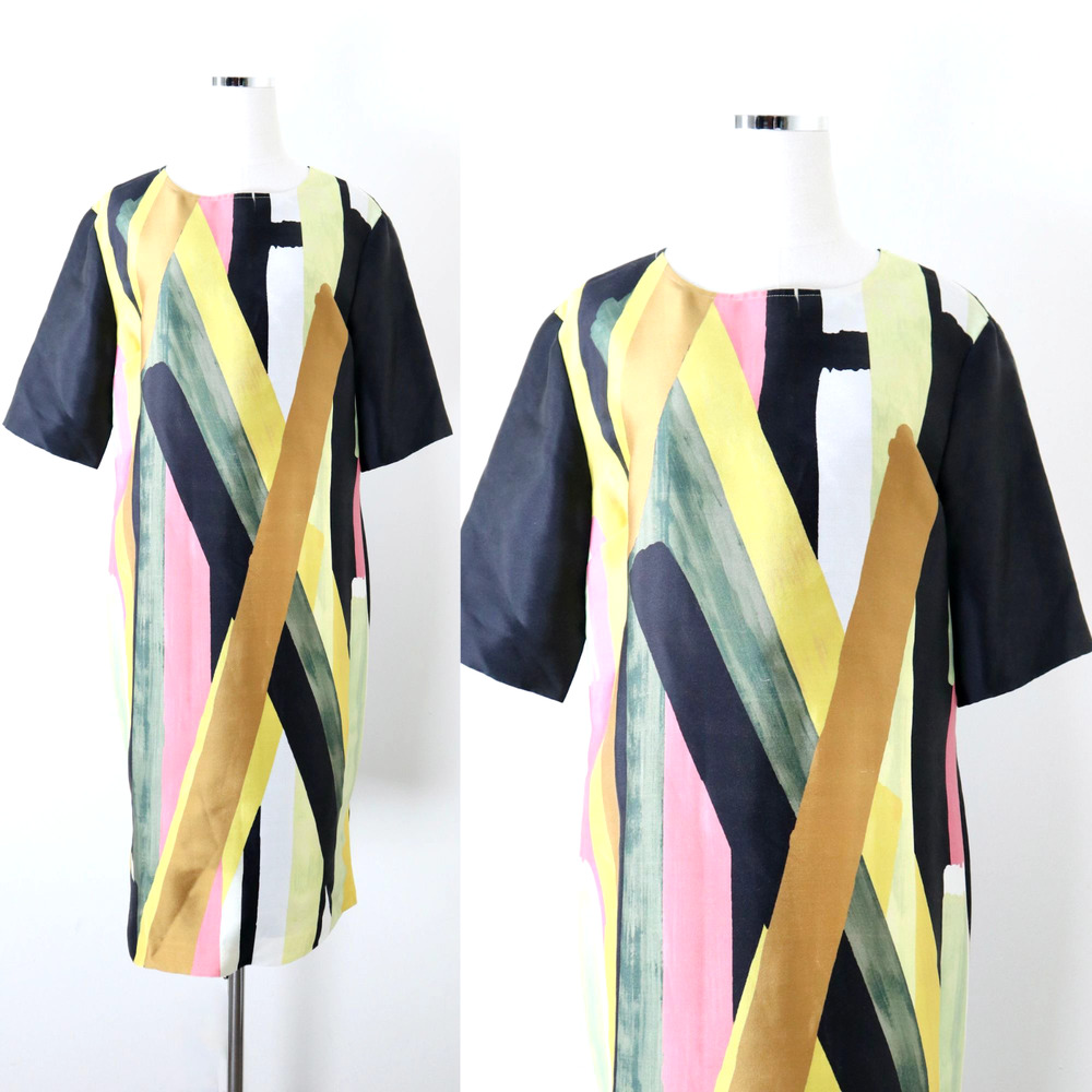 St John Size 10 Abstract Print Sheath Dress Silk Wool Colorblock Short Sleeve